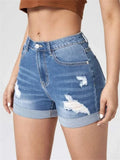 Yipinpay New Women Summer Ripped Roll Denim Shorts Fashion High Stretch Skinny Sexy Shorts Jeans Black/Blue S-2XL