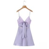 Yipinpay 2024 Women Floral Embroidery Purple Sling Mini Dress Sexy Backless V Neck Female Summer Dress Holiday Robe LDZZ7038