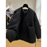 Yipinpay Oversize Belt Waist Quilted Doll V Neck Jacket Women Winter Puffer Jacket Argyle Plaid Coat Retro Parka Mujer