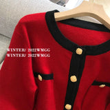 Yipinpay Leg Pants Sets 2 Piece Sets Womens Outfits Casual Tracksuit Metal Button Red Cardigan Cropped Knitwear Coat Korean Clothes