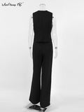 Yipinpay Elegant Office 2 Pieces Sets Black Cotton Linen V-Neck Sleeveless Vest Outfit Summer High Waist Wide Leg Pants Sets