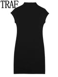 Yipinpay 2023 Black Knitted Dresses For Women Elegant Short Dresses Woman Mini Bodycon Dress Women High Neck Sleeveless Party Dress