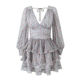 Yipinpay Spring 2024 Women Sexy Backless Floral Print Dress Puff Sleeve V Neck Layered Ruffle Cake Mini Dresses Holiday Party Robe