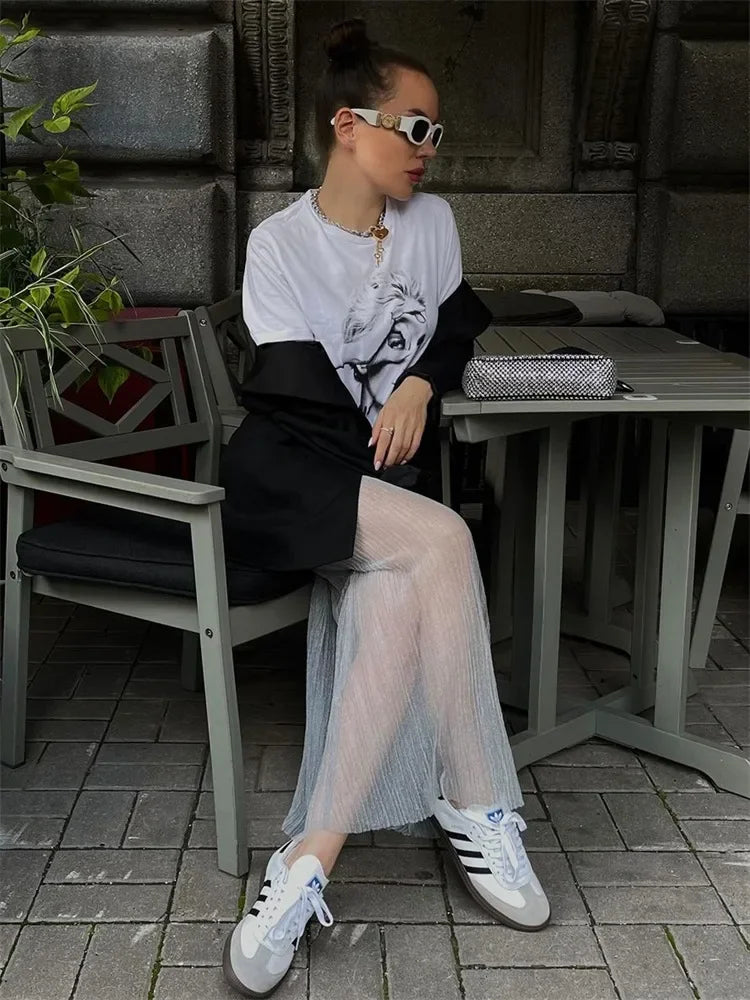 Yipinpay Mesh Pleated See-Through Long Skirt For Women Sheer Sexy Hollow Out Holiday Beach Skirt Female High Waist Y2k Maxi Skirt