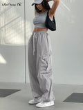 Yipinpay Street Style Khaki Parachute Pants Women Pleated High Waist Pockets Cargo Pants Casual Drawstring Trousers Gray 2023