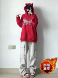 Yipinpay Women Hoodie Cartoon Devil Cowhorn American Retro Pullover 2024 New Couple Fashion Punk Coat Japanese Hip Hop Streetwear