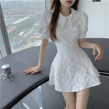Yipinpay Vintage Elegant High Waist Slim Temperament Black Pearl Lapel Puff Sleeve Dress Women Short Jacquard Floral Print Sexy