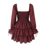 Yipinpay 2024 Women Front Lacing Up Wine Red Floral Print Dress Vintage Puff Sleeve Layered Ruffle Hem Cake Mini Dress Holiday