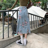 Yipinpay Fashion Denim Long Skirts For Womens Summer Blue High Waist Raw Edge Slit Vintage Washed Printing Korean Style Casual Skirts