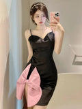 Yipinpay Spaghetti Strap Dresses Women Bow Beaded V Neck Split Patchwork Backless Sexy Party Dress Black Vintage Ladies Fashion