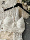 Yipinpay Vacation Simple Style Fashion Suits Halter Sexy Camis+Embroidery Cardigan+Hook Flower Hollow Pants Senior Retro Sets