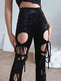 yipinpay Flare Pants Lace Up Trousers Women Hollow Out High Waist Pant Women Chic Wide Leg Pant Solid Strechy Streetwear Black Pants
