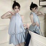 Yipinpay Elegant Dresses Women Sleeveless Bandage Sweet Fashion Solid Loose Ruffles Backless Sexy Mini Dress Ladies Summer