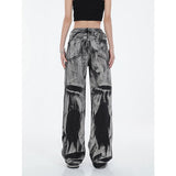 yipinpay Women's Black Vintage Tie Dye Jeans Hip Hop Baggy High Waist Wide Leg Pants Street Fashion Straight Denim Trouser Ladies Summer