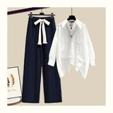 Yipinpay Women's Fashion Set 2024 Spring Autumn New Splicing Shirt+Elastic Waist Wide Leg Pants Two Piece Korean Chic Blouse Trouser Suit