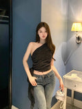 Yipinpay Sexy Camis Women Diagonal Collar Polka Dot Ribbon Bandage Summer Fashion Slim Crop Tank Tops Elegant Female Casual