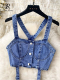 Yipinpay Fashion Sexy Denim Suits Button Backless Mini Tank Tops+Straps Super Shorts Women Hotsweet Streetwear Two Pieces Sets