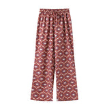 Yipinpay Flower Printed 2 Pieces Long Pant Sets For Women Elegant Short Sleeve Lace Up Shirt Wide Leg Trouser Summer Lady Outfits