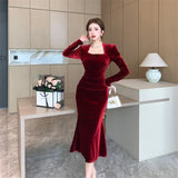 Yipinpay Dress Woman Vintage Square Collar Long Sleeve Slim Velvet Mermaid Dresses French Style Chic Solid Slim Female Fashion