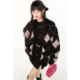 yipinpay Women Black Cardigan Sweater Diamond Check Outerwear Korean Fashion Leisure Lazy Wind Winter Single Breasting Knitting Coat