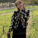 Yipinpay Neck Embroidered Jacquard Puff Sleeve Jacket Short Retro Coat + A Line High Waist Black Pleated Skirt 2023 Korean Clothes