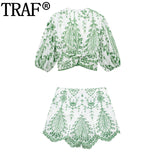 Yipinpay 2023 Woman Embroidery Short Sets Green Cut Out Summer Shorts For Women Mid-Waist Boho Beach Mini Shorts Woman Fashion