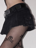 Yipinpay Harajuku Y2k Denim Skirt Women Dark Gothic Streetwear Mini Skirt with Skull Belt Mall Goth Punk Grunge Sexy Emo Clubwear