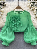 Yipinpay Fashion Vintage Court Style Blouse Women Zipper Transparent Three Dimensional Floral Design 2024 Casual Loose T Shirt