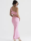 Yipinpay 2 Pieces Set Sexy Elegant Pink One Shoulder Crop Top and Long Skirt Set Satin Evening Night Party Dresses Women Outfit 2023