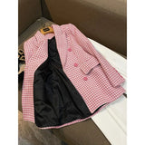 Yipinpay Quilted Cotton Tailored Coat Notched Pink Houndstooth Blazer Feminino Autumn Tweed Jacket Vintage Plaid Trench