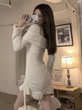Yipinpay French Elegaant Y2k Mini Dress Women Slim Bodycon Long Sleeve Dress Fur Warm One Piece Dress Korean Fashion 2024 Spring
