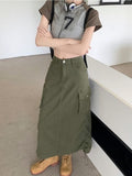 Yipinpay Grunge Cargo Skirt Long Women Acubi Fashion High Waist Drawstring Vintage Y2k Pocket Patchwork A-line Skirt Streetwear