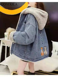 Yipinpay Winter Spring New In Women's Denim Jacket Blue with Hat Hoodie Fashion Oversize Embroidered Streetwear Jean Coat Outerwears