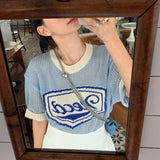 Yipinpay Letter Print Crochet Top Women Korean Dongdaemun 2023 Summer Knit T-shirt Contrast Hollow Short Sleeve Tee Knitwears