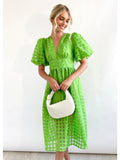 Yipinpay Women Elegant Hollow Out Puff Sleeve Dress 2023 Summer Fashion Chic V-Neck Mesh Midi Frock Party Banquet Trend Ladies Vestido