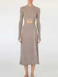 Yipinpay New White Knit Two Piece Women Sets Fall Ribbed Crop Top And Pleated Knitted Skirt Suits For Women Midi Dress Sets 2024