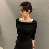 Yipinpay Shirts for Women Slim One Shoulder Half Sleeve T Shirt Women Thin Ice Silk White Top Short Sleeve Black Knitted Tshirt