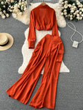 Yipinpay Spring Fashion OL Two Pieces Suits Lapel Neck Blouse+Pocket Wide Leg Long Pant 2024 Women Streetwear Retro Casual Sets