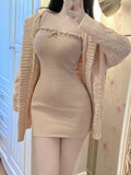 Yipinpay Winter Long Sweater Cardigan + Bodycon Y2k Mini Skirt Pink Kawaii Knitted Dress Set Korean Fashion Sexy Slim Suit Woman