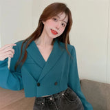 Yipinpay Cropped Blazer Women Vintage Spring Slim Notched Tops Long Sleeve Double-breasted Shirt Black White Jacket Coat