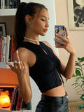 yipinpay Crop Top Cut Out Top Women Sleeveless Sexy Tank Top 90s Solid Slim Drawstring Vest O Neck Camis Fairycore Y2K Clothes
