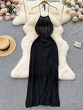 Yipinpay Sexy Backless Knitted Dress Women Halter Sleeveless Hollow Out Split Sundress Korean Vacation Knit Beach Long Dress