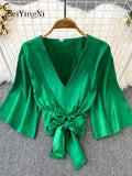 Yipinpay Summer Satin Crop Top Female Bow Elegant Lace-up Shirts Solid Color Flare Sleeve Blusas Women White Loose CHIC Blouses