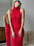 Yipinpay Knitwear Turtleneck Backless Long Dress For Women Solid Sleeveless Elegant High Waist Patchwork Dress Ladies Knit Dress