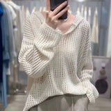 Yipinpay Summer New Short Hooded Hollow Knitwear Women's Thin Long sleeved Loose Top Sunscreen Cover