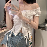 Yipinpay Vintage Kawaii Blouses Women Puff Sleeve Shirring White Shirt for Girl Summer Korean Fashion Preppy Style Sexy Crop Top