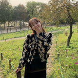 Yipinpay Neck Embroidered Jacquard Puff Sleeve Jacket Short Retro Coat + A Line High Waist Black Pleated Skirt 2023 Korean Clothes