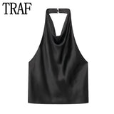 Yipinpay 2023 Black Crop Top Women Satin Halter Top Female Backless Sexy Tops Woman Sleeveless Off Shoulder Top Party For Woman