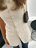 Yipinpay Linen Stripe Vests Women's 2024 Elegant O-neck Sleeveless Waistcoat Female Casual Single Breasted Pockets Lady Chic Tops