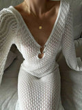 Yipinpay White Knit Fashion Cover up Maxi Dress Female See-Through V-Neck Hollow Out Beach Holiday Dress Knitwear Backless Dress